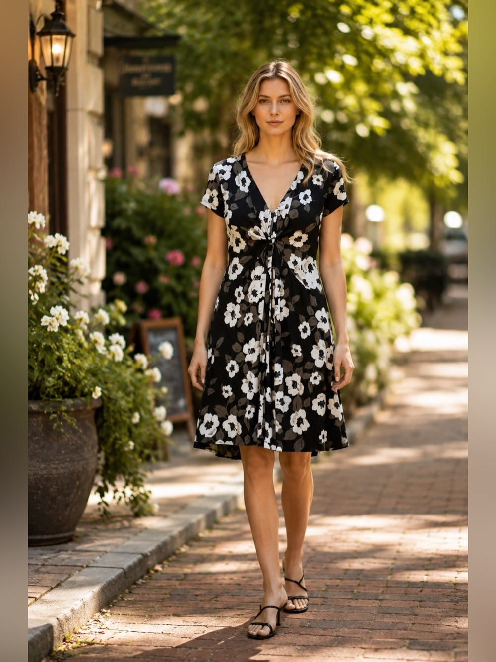 Garnet Hill Black White Floral Faux Wrap Fit Flare Dress Size 16